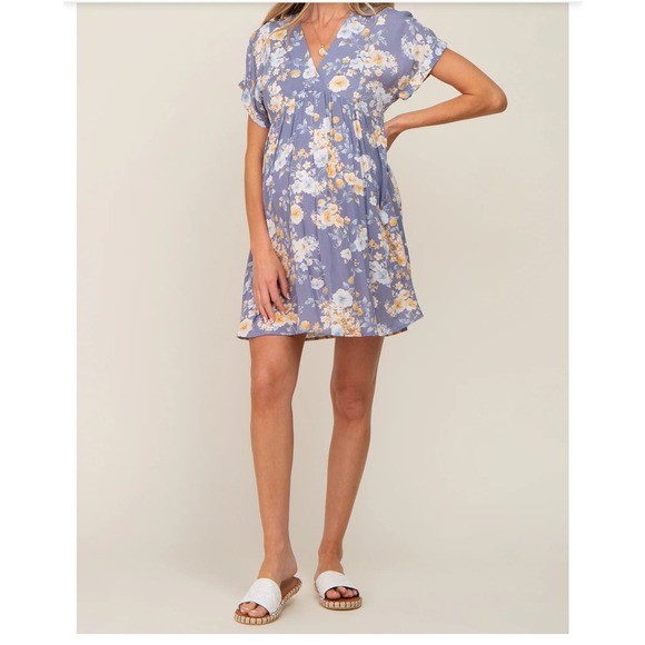 NWT Final Touch Maternity Blue Floral V-Neck Short Sleeve Dress Size Small - Picture 4 of 8